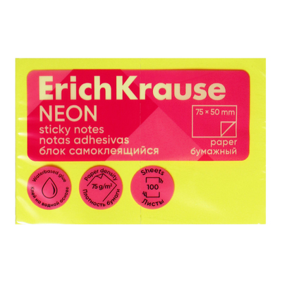 Блок с липким краем бумажный 75х50 мм, ErichKrause "Neon", 100 листов, желтый