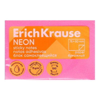 Блок с липким краем бумажный 75х50 мм, ErichKrause "Neon", 100 листов, розовый
