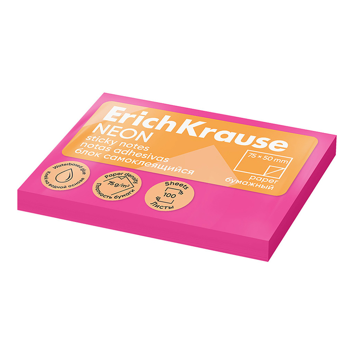 Блок с липким краем бумажный 75х50 мм, ErichKrause "Neon", 100 листов, розовый - Фото 1