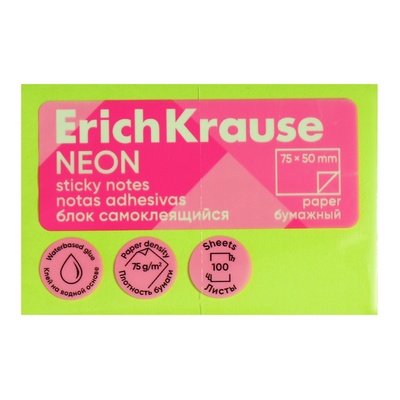 Блок с липким краем бумажный 75х50 мм, ErichKrause "Neon", 100 листов, зеленый