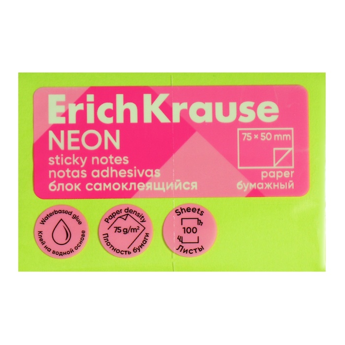 Блок с липким краем бумажный 75х50 мм, ErichKrause "Neon", 100 листов, зеленый - Фото 1
