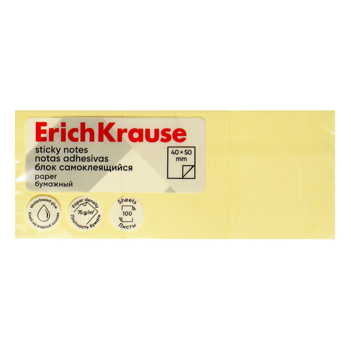 Блок с липким краем бумажный 40х50 мм, ErichKrause, 300 листов, желтый - Фото 1