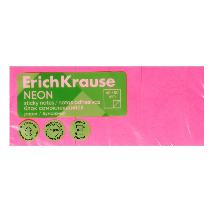 Блок с липким краем бумажный 40х50 мм, ErichKrause 300 листов, розовый - Фото 1