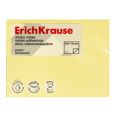 Блок с липким краем бумажный 100х75 мм, ErichKrause, 100 листов, желтый
