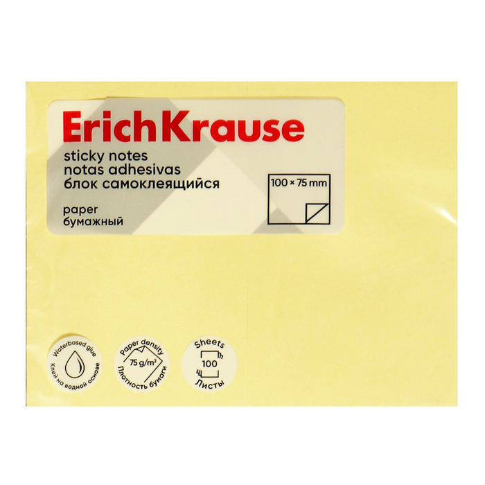 Блок с липким краем бумажный 100х75 мм, ErichKrause, 100 листов, желтый - Фото 1