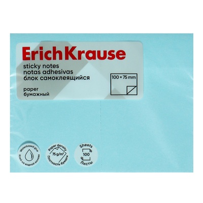 Блок с липким краем бумажный 100х75 мм, ErichKrause, 100 листов, голубой