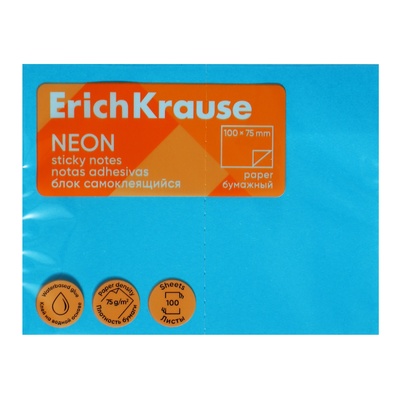 Блок с липким краем бумажный 100х75 мм, ErichKrause "Neon", 100 листов голубой