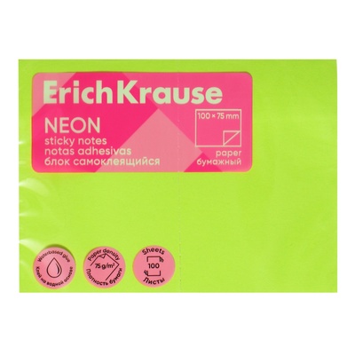 Блок с липким краем бумажный 100х75 мм, ErichKrause "Neon", 100 листов зеленый