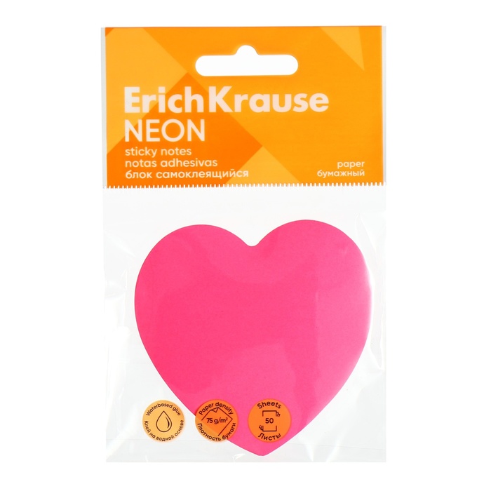 Блок с липким краем бумажный 70x70мм, ErichKrause "Heart Neon", 50 листов, розовый - Фото 1