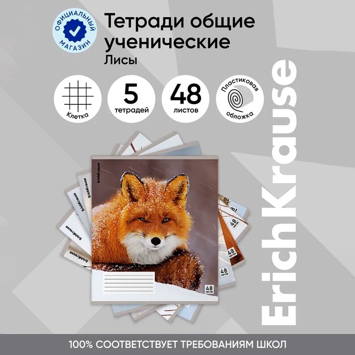 

Тетрадь В5, 48 листов в клетку, ErichKrause "Лисы", пластиковая обложка, блок офсет 100% белизна, МИКС