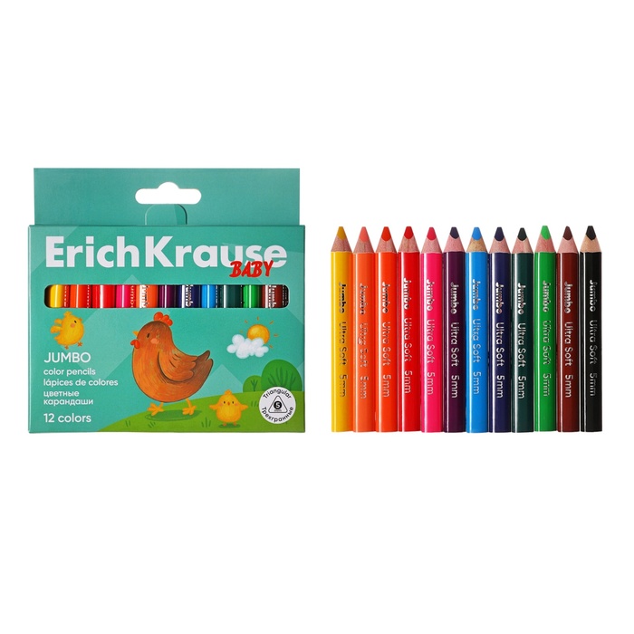 

Карандаши 12 цветов ErichKrause Baby Jumbo, укороченные трехгранные, деревянные, европодвес
