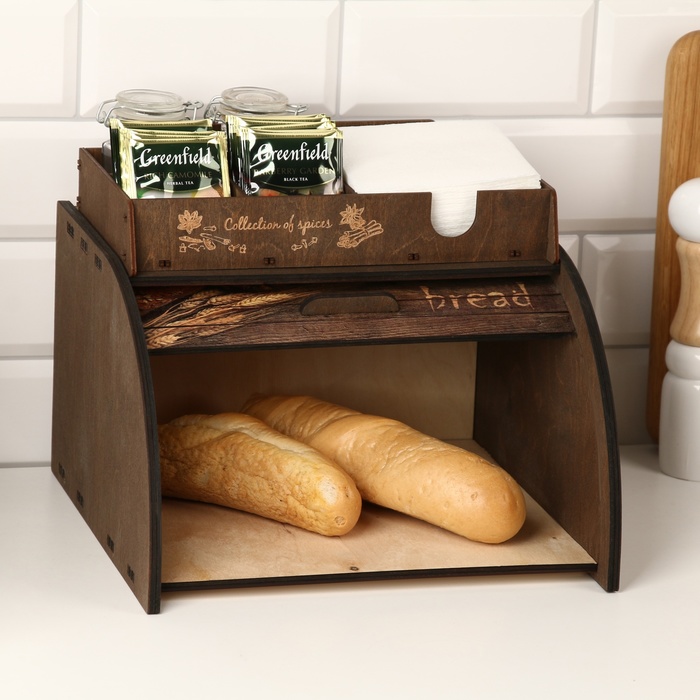 Хлебница деревянная с подставкой под специи "Хлеб", 29,6 х 29,6 х 23,7см, венге