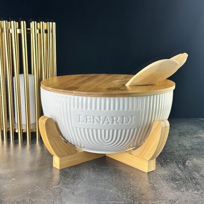 Салатник Lenardi Bamboo, на подставке, с крышкой и кухонными принадлежностями, d=24.5 см, 5 предметов - Фото 1