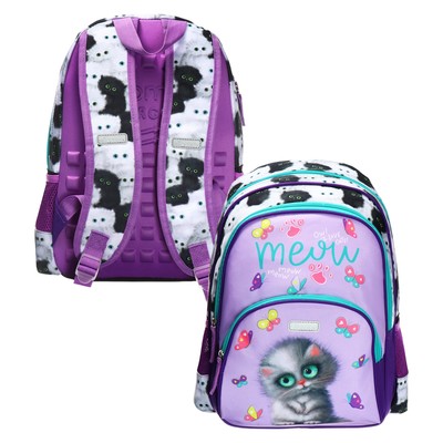 Рюкзак школьный 38×27×17, эргономичная спинка, deVENTE Attomex Basic, Meow Cat, сиреневый, 7033438