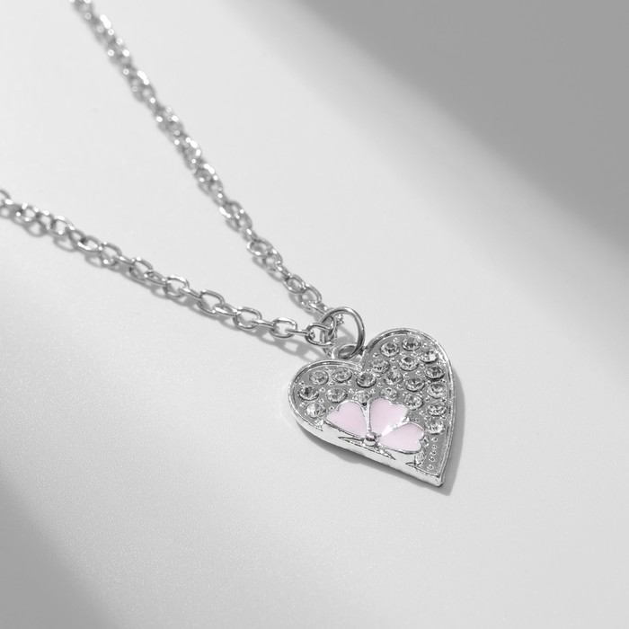 Кулон "Сердце" ассоль, цвет бело-розовый в серебре, 40 см