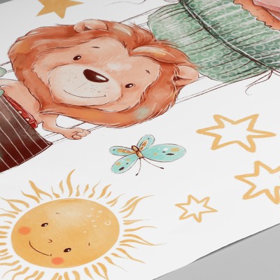 Наклейка пластик интерьерная цветная "Львёнок с капкейком в облаках" 40х60 см