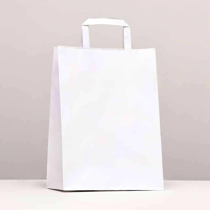 Пакет крафт без печати, белый, плоская ручка 22×12×25 см - Фото 1