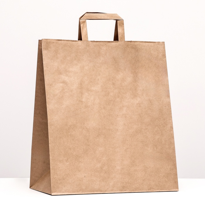 Пакет крафт без печати 32×18×32 см, плоская ручка - Фото 1