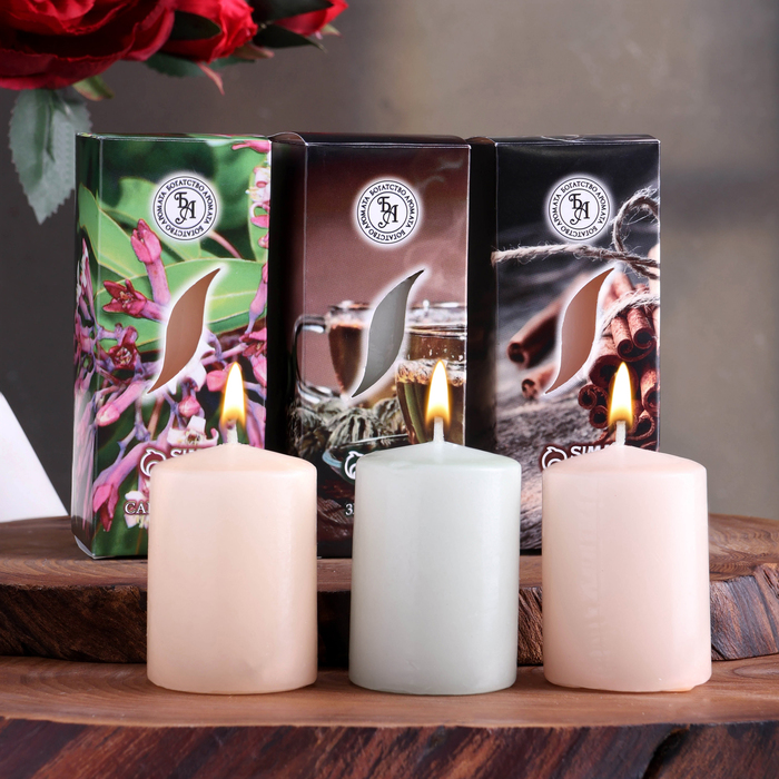 Набор свечей ароматических "Сандал, Зеленый чай, Корица", 4х6 см, 3 шт, в коробке - Фото 1