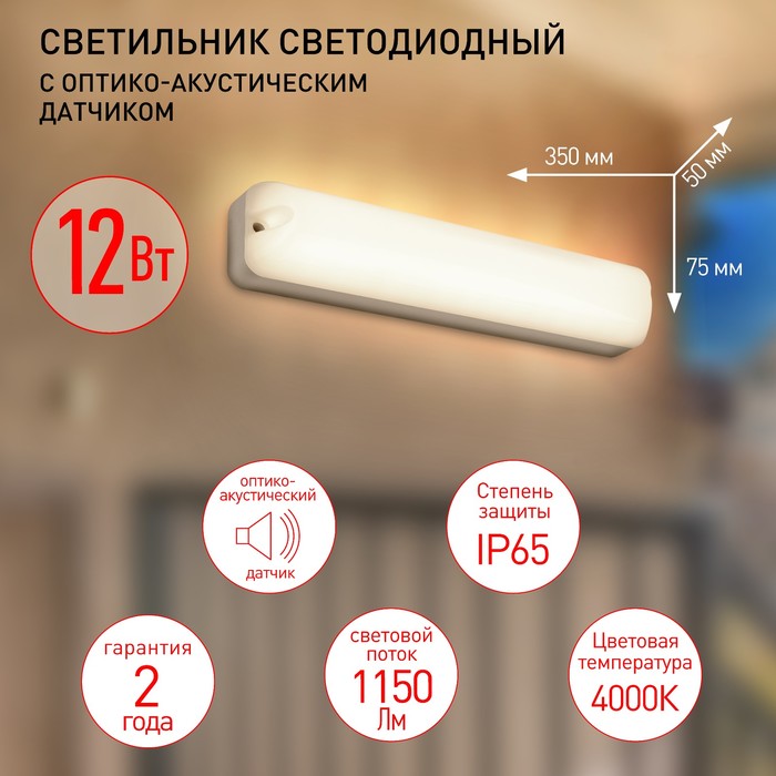 Светильник ЖКХ светодиодный Эра SPB-1, 350х75х50 мм, IP65, Led, 12Вт, 1080Лм, 4000К, цвет белый - Фото 1