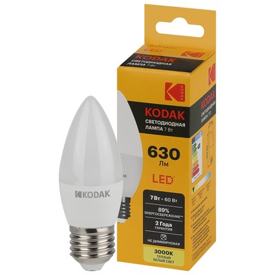 Лампа светодиодная Kodak «Свеча», 7 Вт, E27, 630 Лм, 3000К, свечение тёплое белое