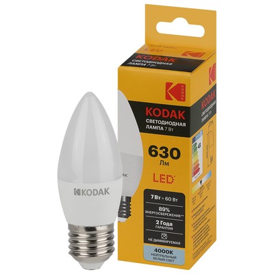 Лампа светодиодная Kodak «Свеча», 7 Вт, E27, 630 Лм, 4000К, свечение белое