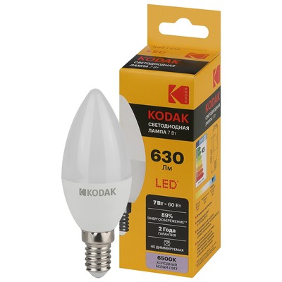 Лампа светодиодная Kodak «Свеча», 7 Вт, E14, 630 Лм, 6500К, свечение холодное белое