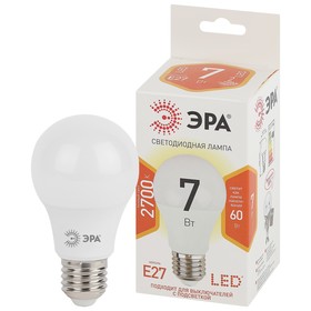 Лампа светодиодная Эра Standard «Груша», 7 Вт, E27, 560 Лм, 2700К, свечение тёплое белое
