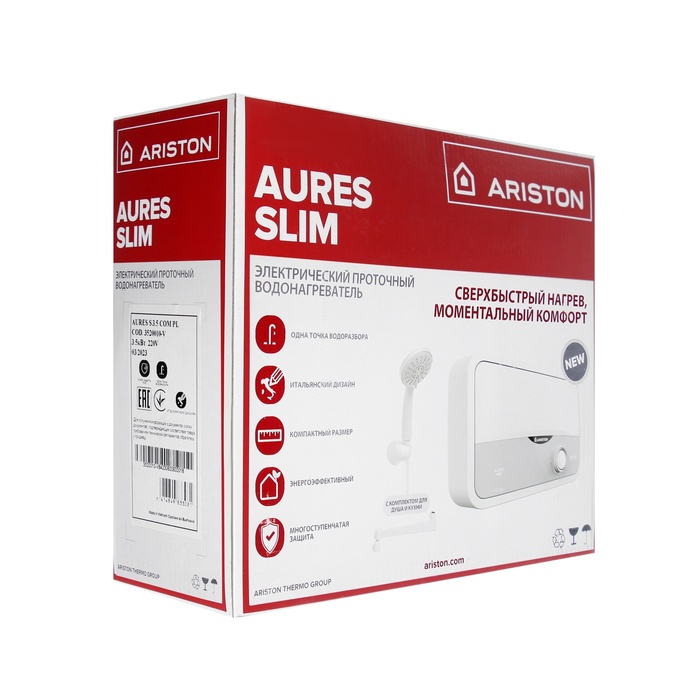 Водонагреватель ARISTON Aures S 3.5 COM PL, проточный, 3.5 кВт, бело-серый