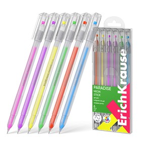 Набор ручек гелевых 6 цветов ErichKrause "Paradise Stick Neon" игольчатый узел 0.6 мм, неон микс