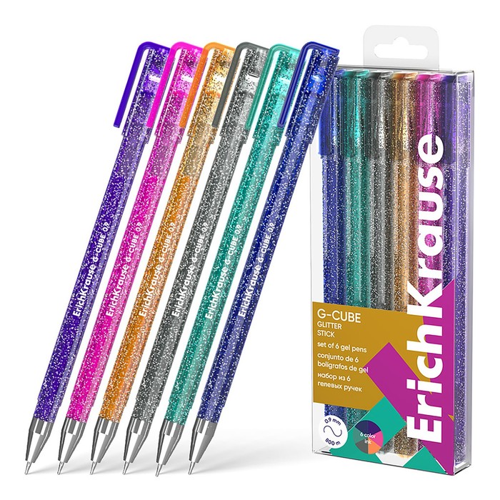 Набор ручек гелевых 6 цветов ErichKrause "G-Cube Stick Glitter" игольчатый узел 1.0 мм, с блестками, микс - Фото 1