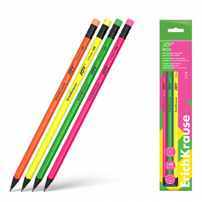Набор чернографитных карандашей с ластиком 4 штуки ErichKrause "JOY Neon", HB, грифель d=2.2 мм, пластик, круглых в пакете, неон микс - Фото 1