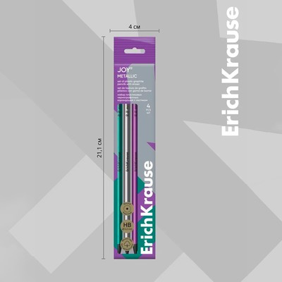 Набор чернографитных карандашей с ластиком 4 штуки ErichKrause JOY Metallic, HB, грифель d=2.2 мм, пластик, круглых в пакете, металлик микс