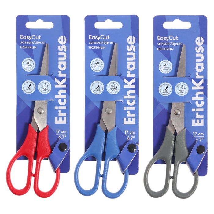 

Ножницы ErichKrause EasyCut, 17 см, лезвия из нержавеющей стали, двойная заточка, ударопрочный пластик, МИКС