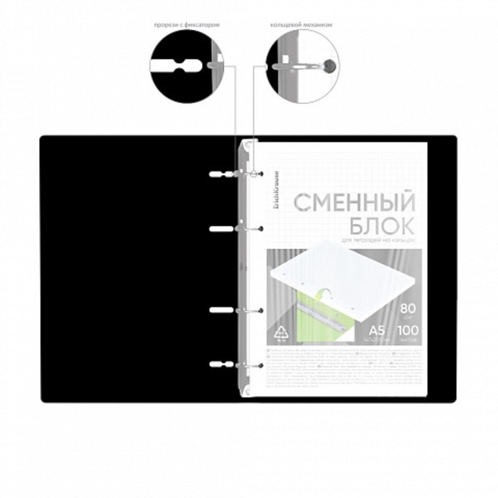 Тетрадь на кольцах А5 100 листов клетка ErichKrause IQ FineLine Classic пластиковая обложка черная, блок офсет 80 г/м², белизна 100%, микс