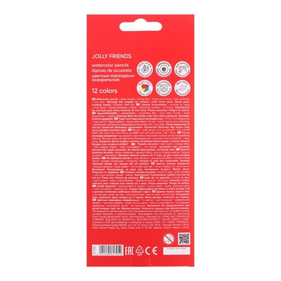Карандаши акварельные 12 цветов ErichKrause Jolly Friends, дерево, шестигранные с кисточкой, европодвес