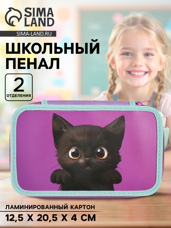 Пенал школьный, 2 секции, 12.5×20.5×4 см «Котик черный» - Фото 1