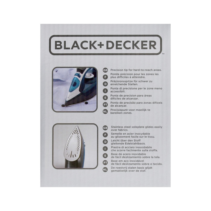 Утюг Black+Decker BXIR2200E, нержавеющая сталь подошва, 2200 Вт, 30 г/мин, 280 мл, синий