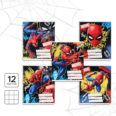 Тетрадь в клетку 12 листов, 5 видов МИКС, обложка мелованный картон, «Человек-паук»