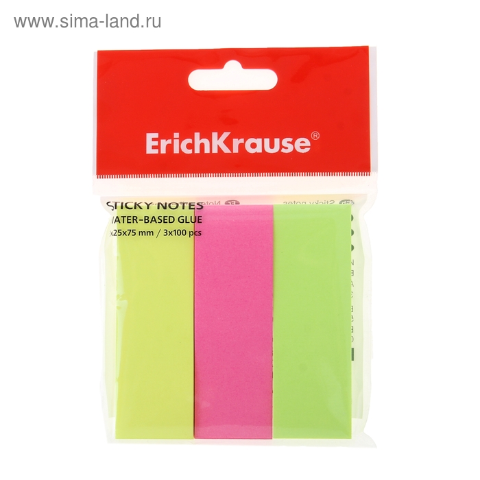 Закладки с клеевым краем Erich Krause Neon, бумажные, 25 x 75 мм, 3 цвета по 100 листов - Фото 1