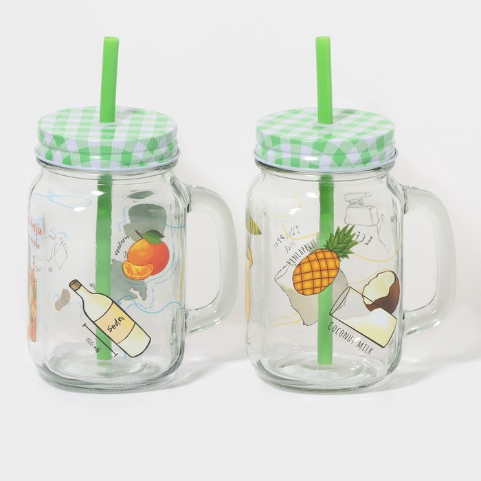 УЦЕНКА Набор банок стеклянных Доляна «Летняя прохлада», 2 предмета: 2 банки с крышками и трубочками 450 мл - Фото 1