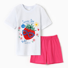 Комплект для девочки (футболка/шорты) "Клубничка", цвет белый/розовый, р.110-116 - фото 12208167