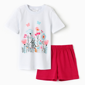 Комплект для девочки (футболка/шорты) "Цветы", цвет белый/персиковый, рост 104-110