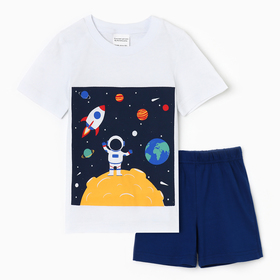 Комплект для мальчика (футболка/шорты) "Астронавт на луне", цвет белый/синий, рост 128-134