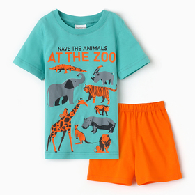 Комплект для мальчика (футболка/шорты) "AT THE ZOO", цвет бирюзовый/оранжевый, р.110-116
