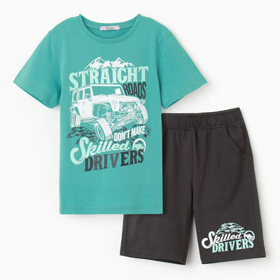 Комплект для мальчика (футболка, шорты), цвет зеленый/серый, рост 104