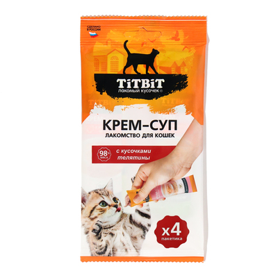 Лакомство крем-суп TitBit для кошек с кусочками телятины, 10 г 4 шт.