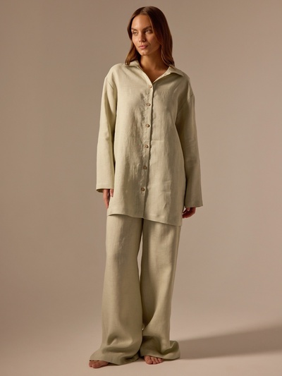 Пижама женская (рубашка, брюки) SL HOME Linen, размер 44-46, светло-зелёная