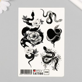 Татуировка на тело "Ч/Б змеи и цветы" 10х15 см
