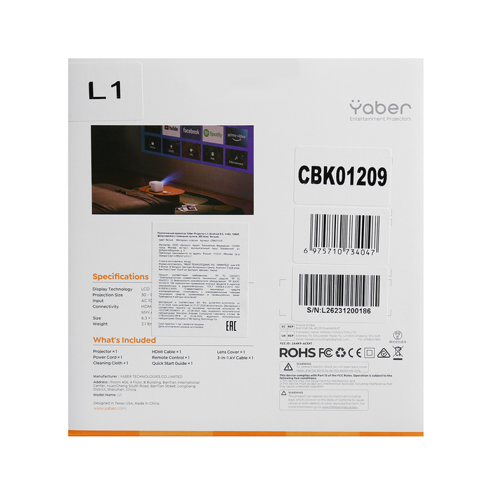 Проектор Yaber Projector L1, 200 лм,1280x720, 0:1,ресурс лампы: 25000 часов,USB,HDMI, белый